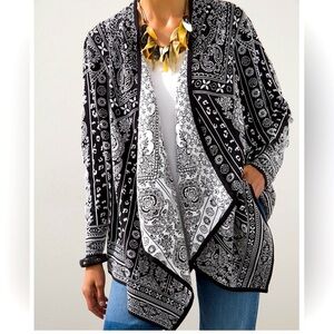 CHICO’S Sz 2 Bandana Print Pattern Asymmetrical Open Front Long Sleeve Cardigan